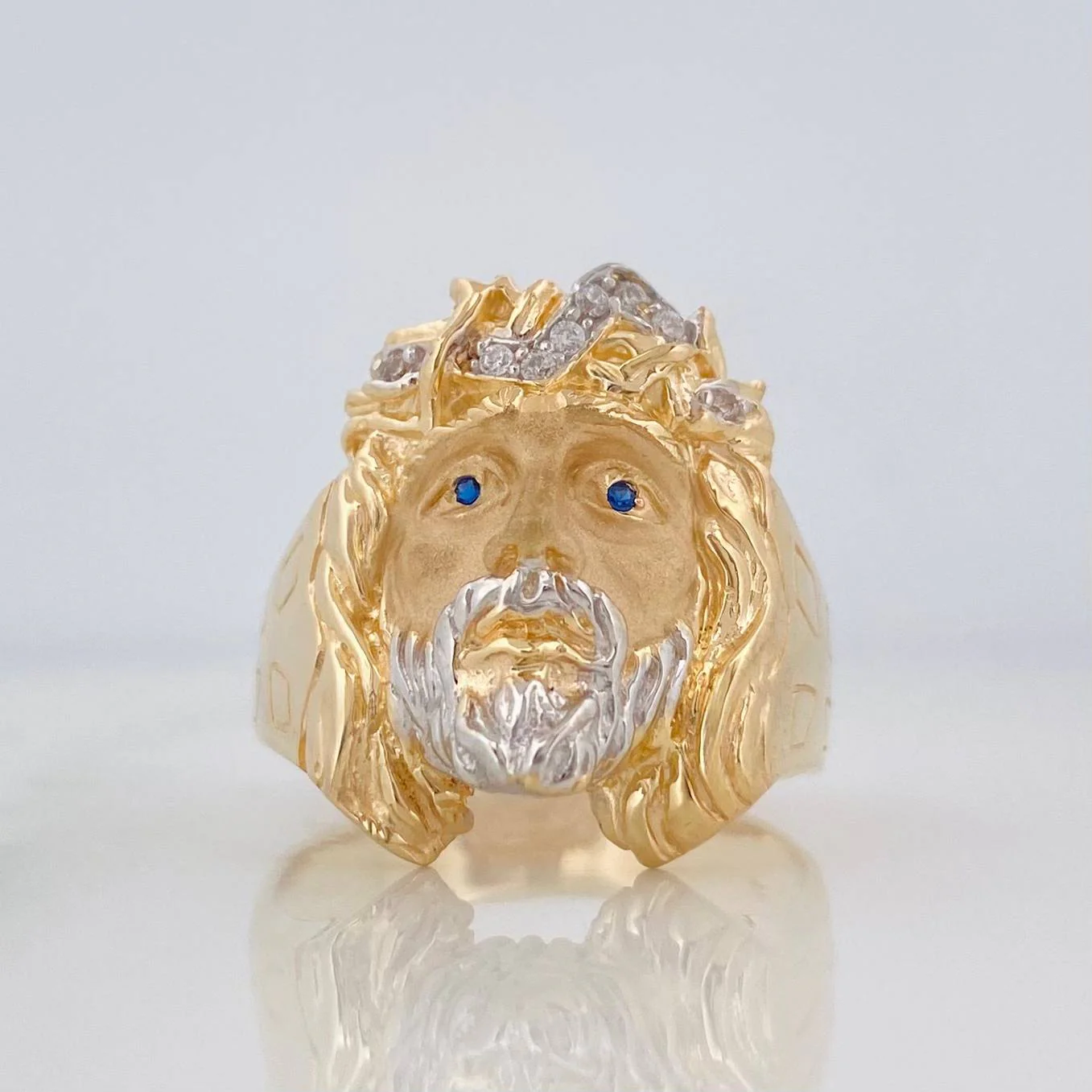 Anillo Rostro Cristo 8.4 g / T9 3/4 Dos Oros Amarillo Blanco 18K