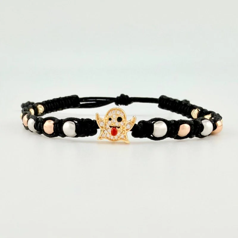 Pulsera Tejida Negra Herraje Fantasma / Bolas 6Und 3mm- 8Und 4mm Tres Oros 18K