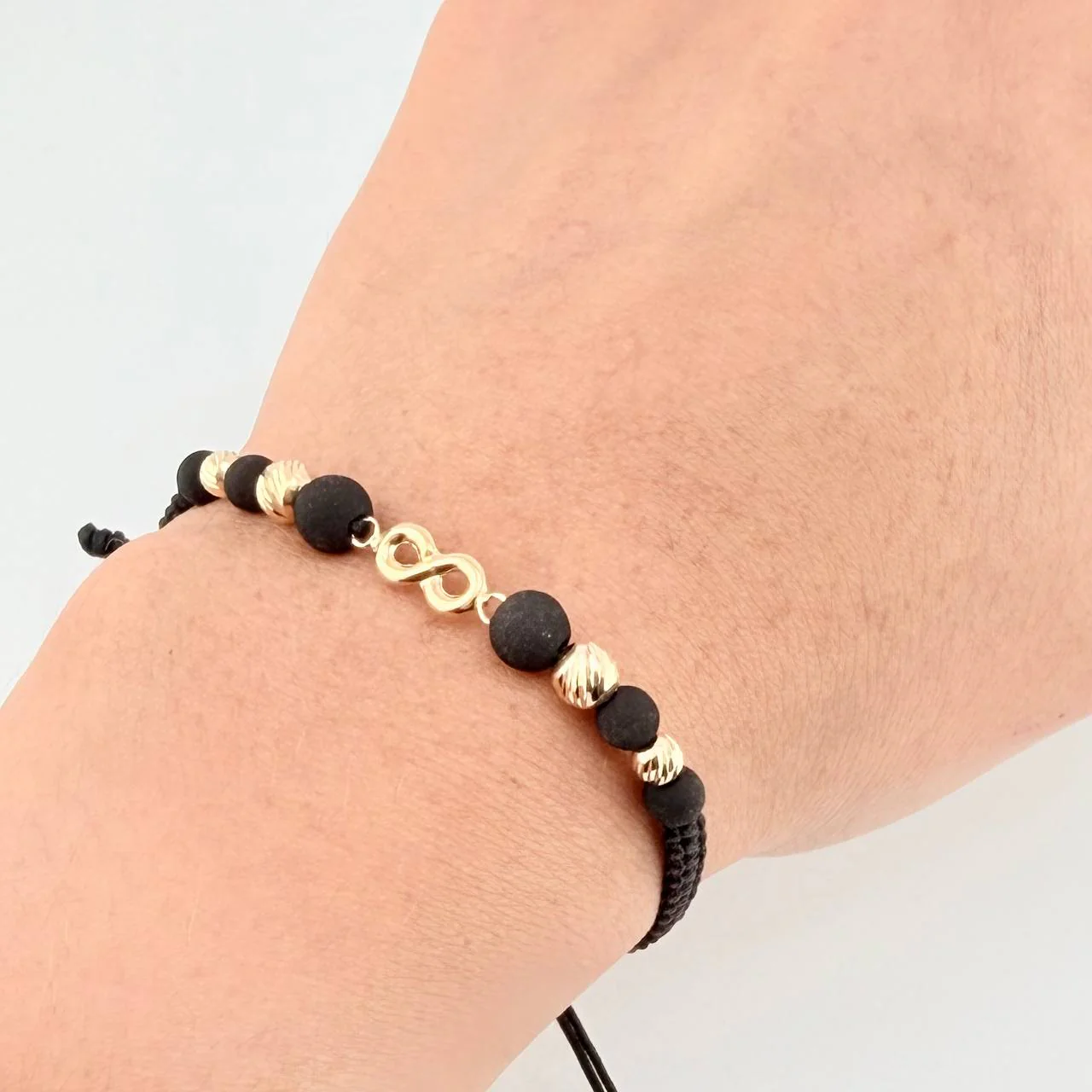 Pulsera Tejida Negra Herraje Infinito Bolas Diamantadas 4Mm-5Mm / 4 Und Oro Amarillo 18K - Image 4