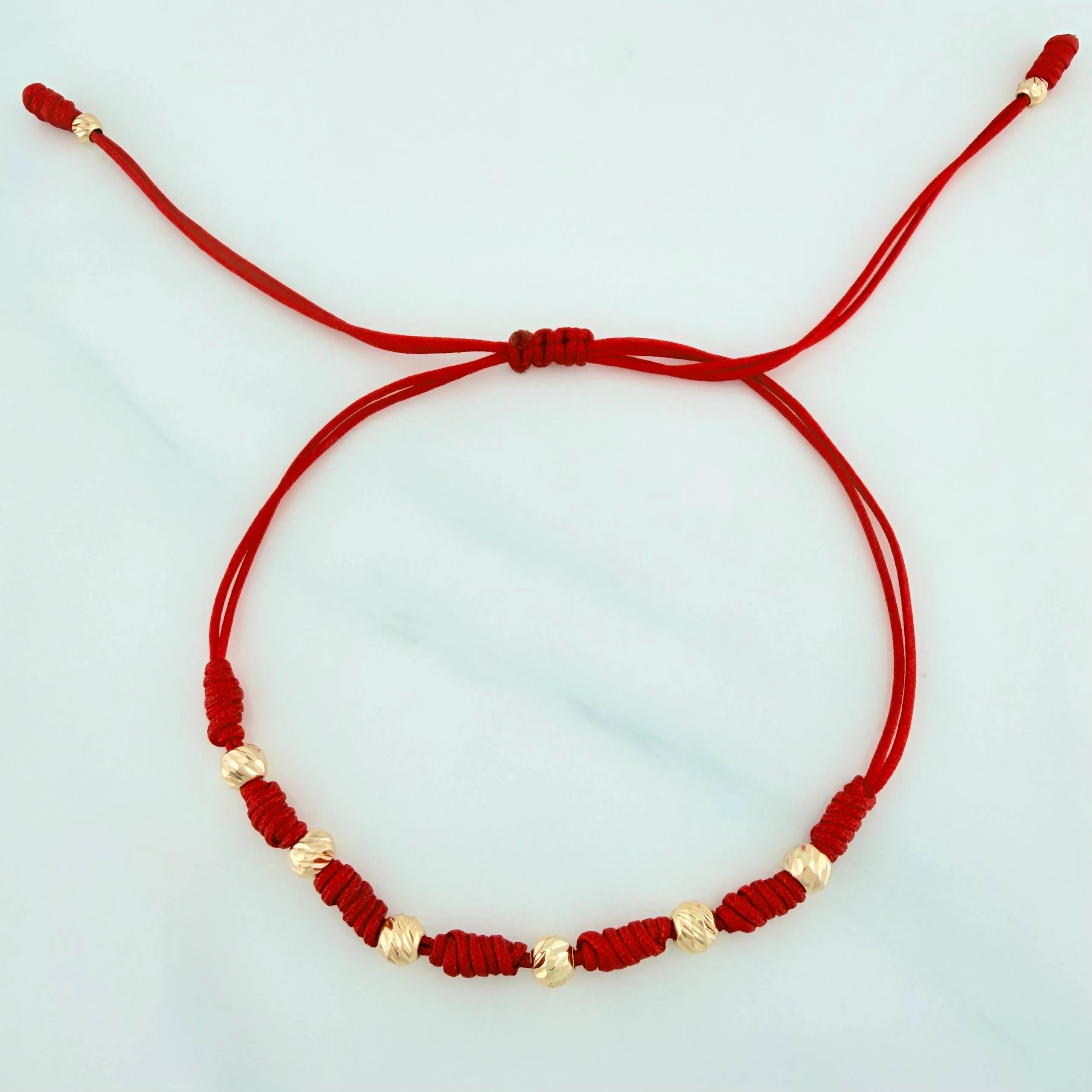 Pulsera Tejida Roja Bolas Diamantadas Oro Amarillo 18K - Image 2