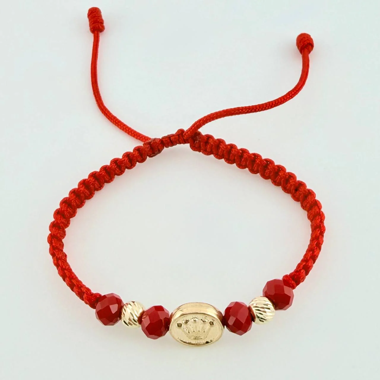 Pulsera Tejida Roja Herraje Circulo Corona Bolas Diamantadas 5Mm / 2 Und Oro Amarillo 18K - Image 2