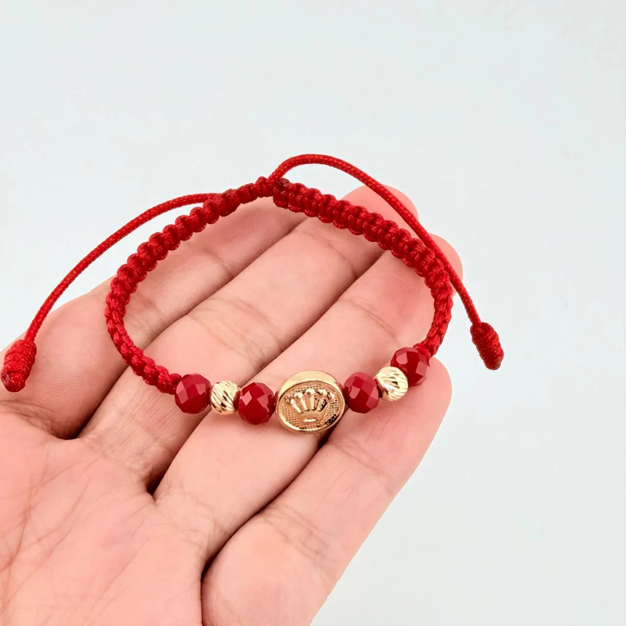 Pulsera Tejida Roja Herraje Circulo Corona Bolas Diamantadas 5Mm / 2 Und Oro Amarillo 18K - Image 3