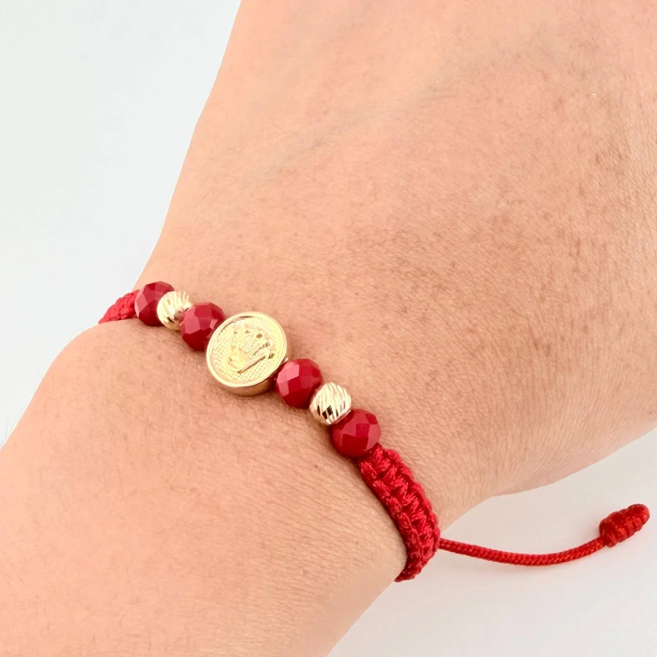 Pulsera Tejida Roja Herraje Circulo Corona Bolas Diamantadas 5Mm / 2 Und Oro Amarillo 18K - Image 4