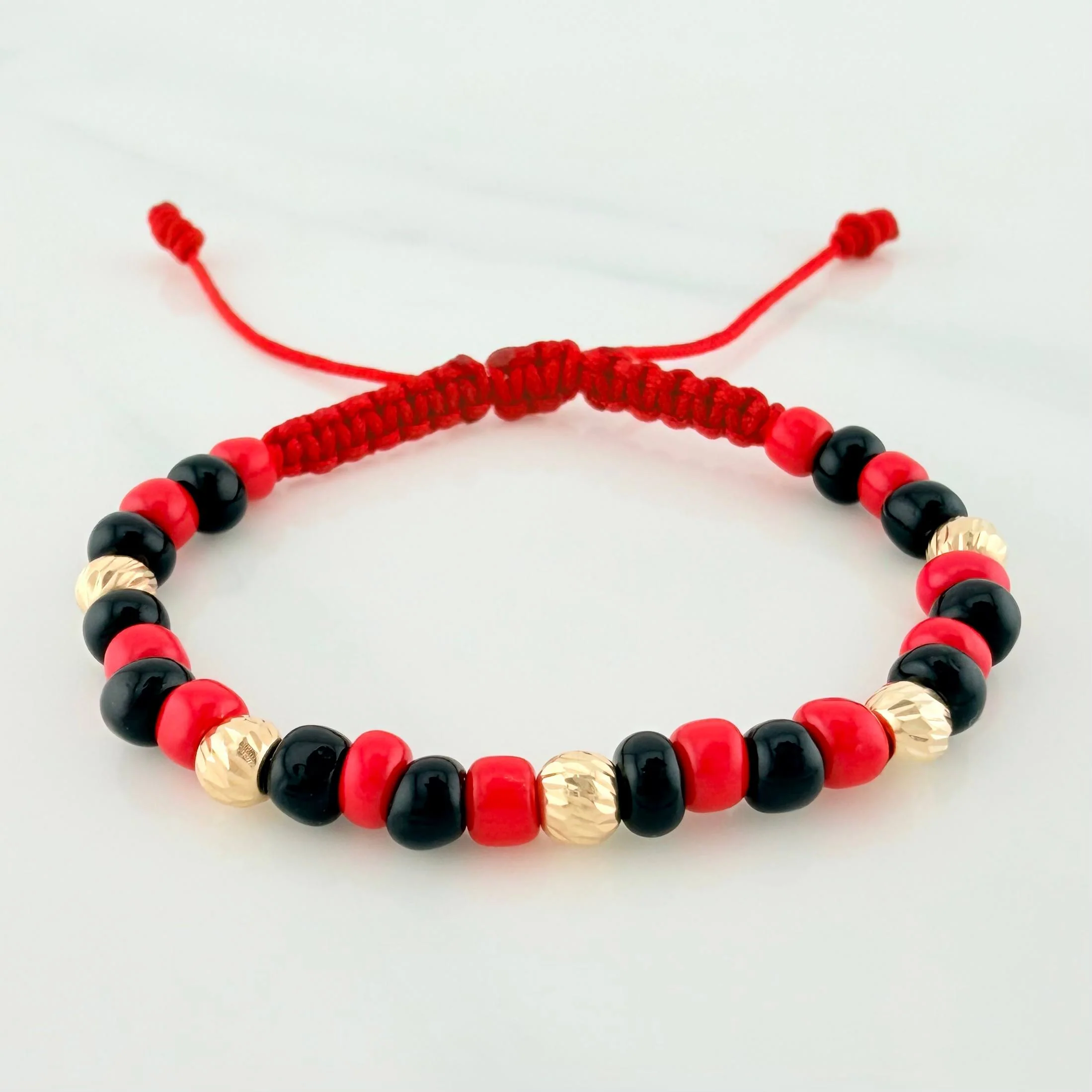 Pulsera Tejida Roja Mostacillas Oro Amarillo 18K
