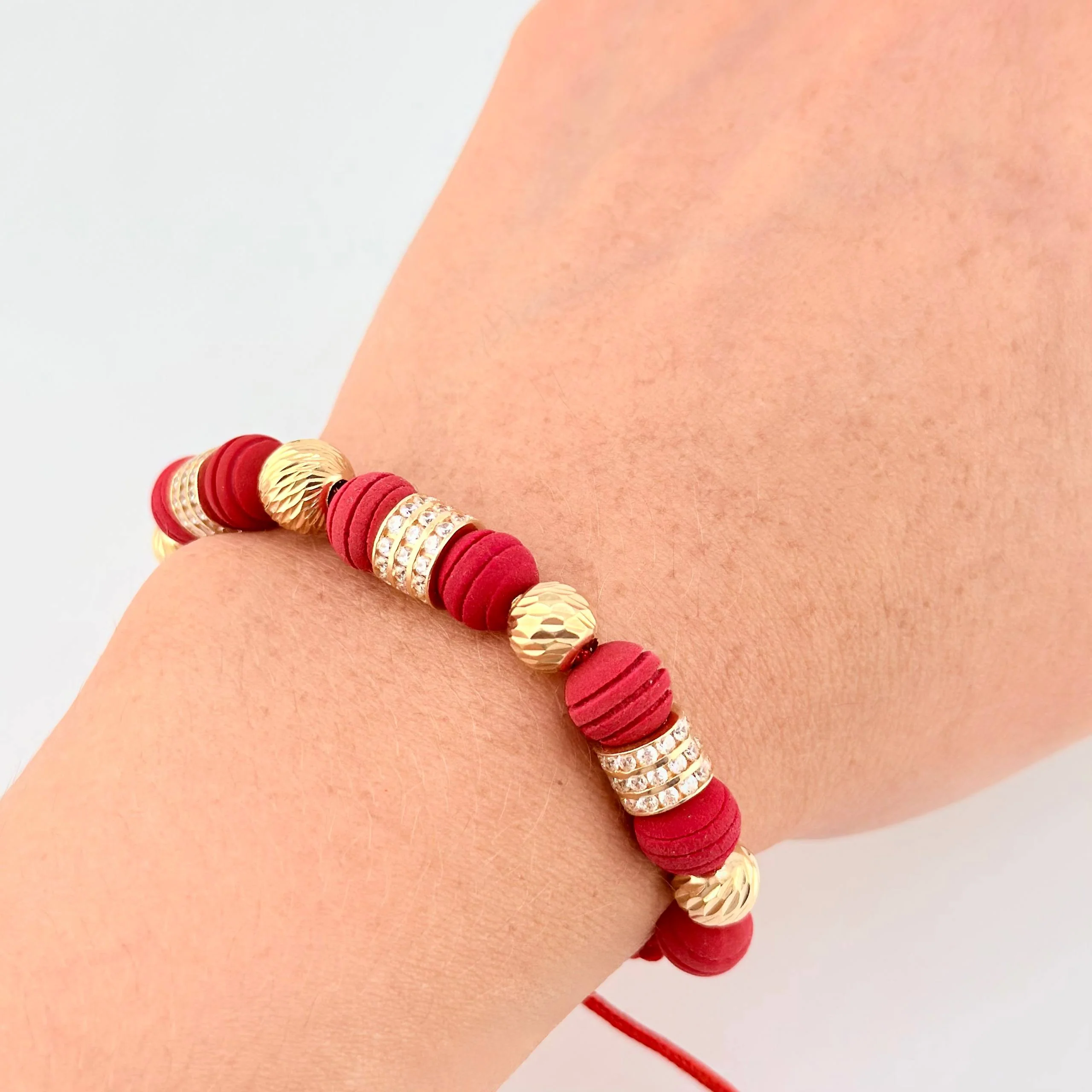 Pulsera Tejida Roja Neo Cilindros Triado Bolas 4Und Oro Amarillo 18K - Image 4