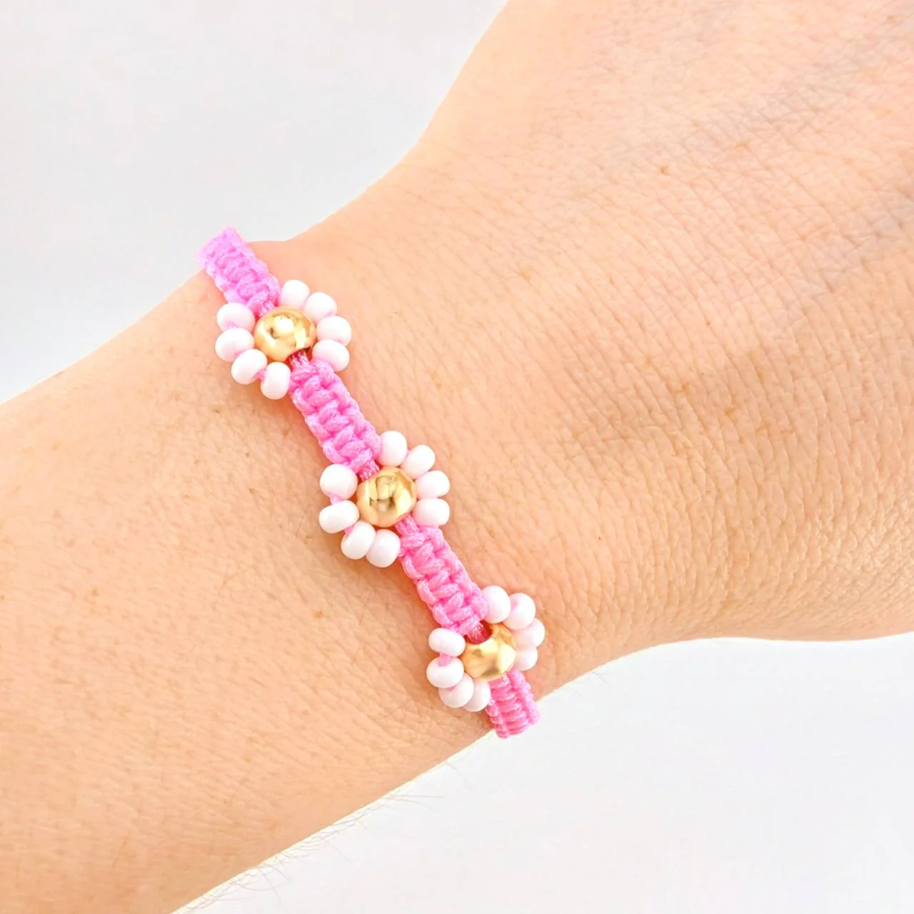 Pulsera Tejida Rosada Trio Flores 3 Und 5mm Oro Amarillo 18K - Image 4