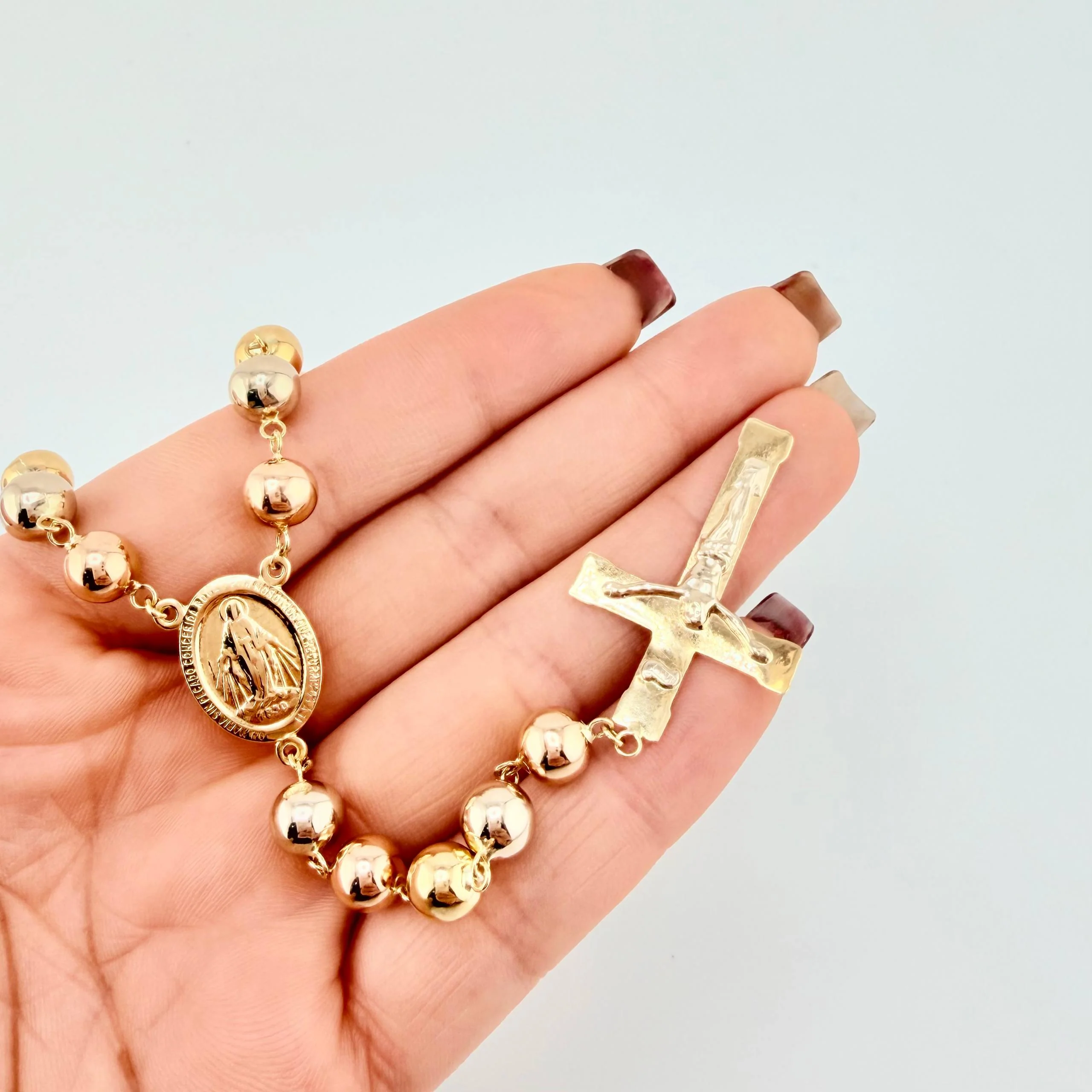 Rosario Virgen Milagrosa Cruz Cristo 30.6g / 24 in / 7mm Tres Oros 18K © - Image 4