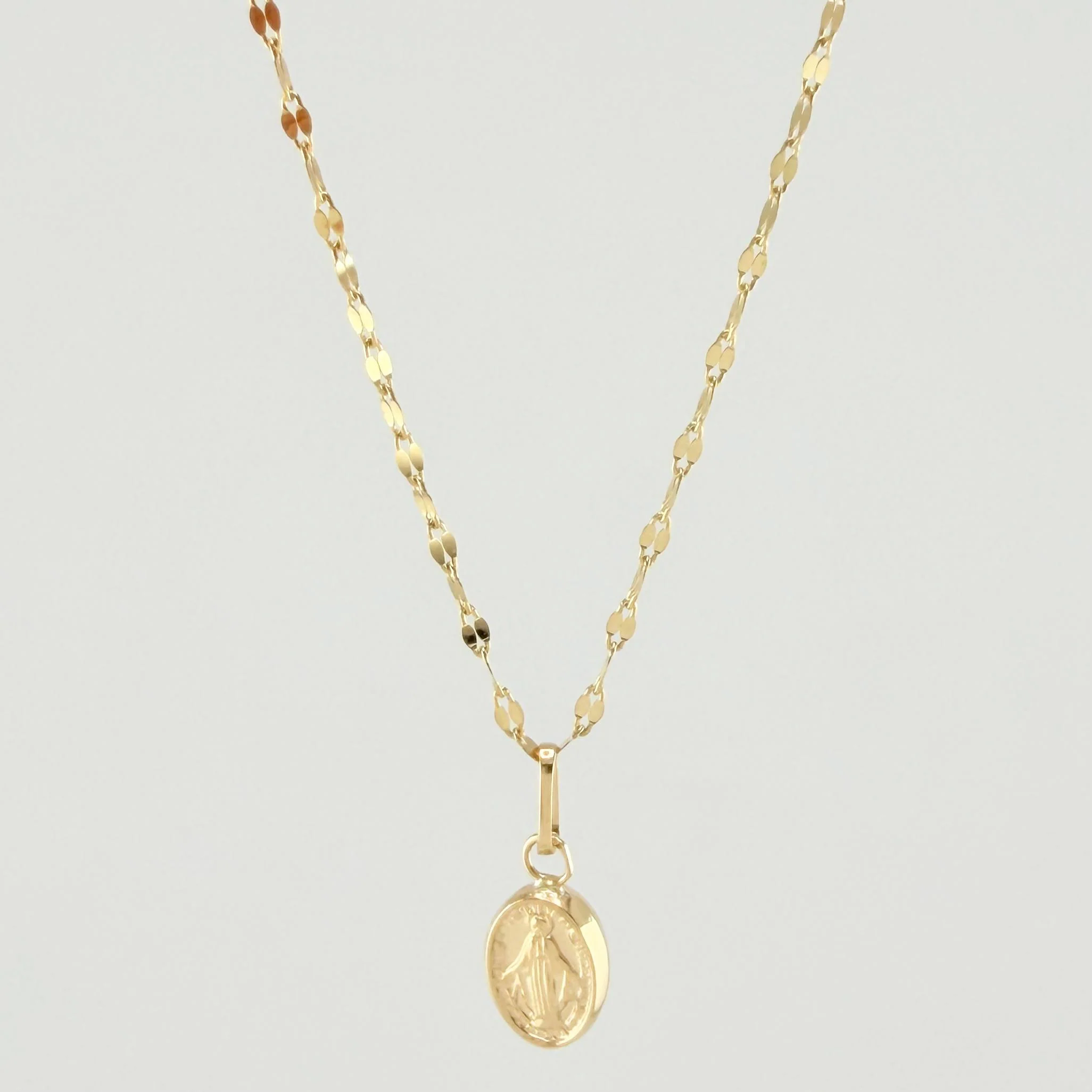Set Cadena y Dije Flor Espejo + Virgen Milagrosa 1.4gr / 19 3/4 in / 1.3mm Oro Amarillo 18K *