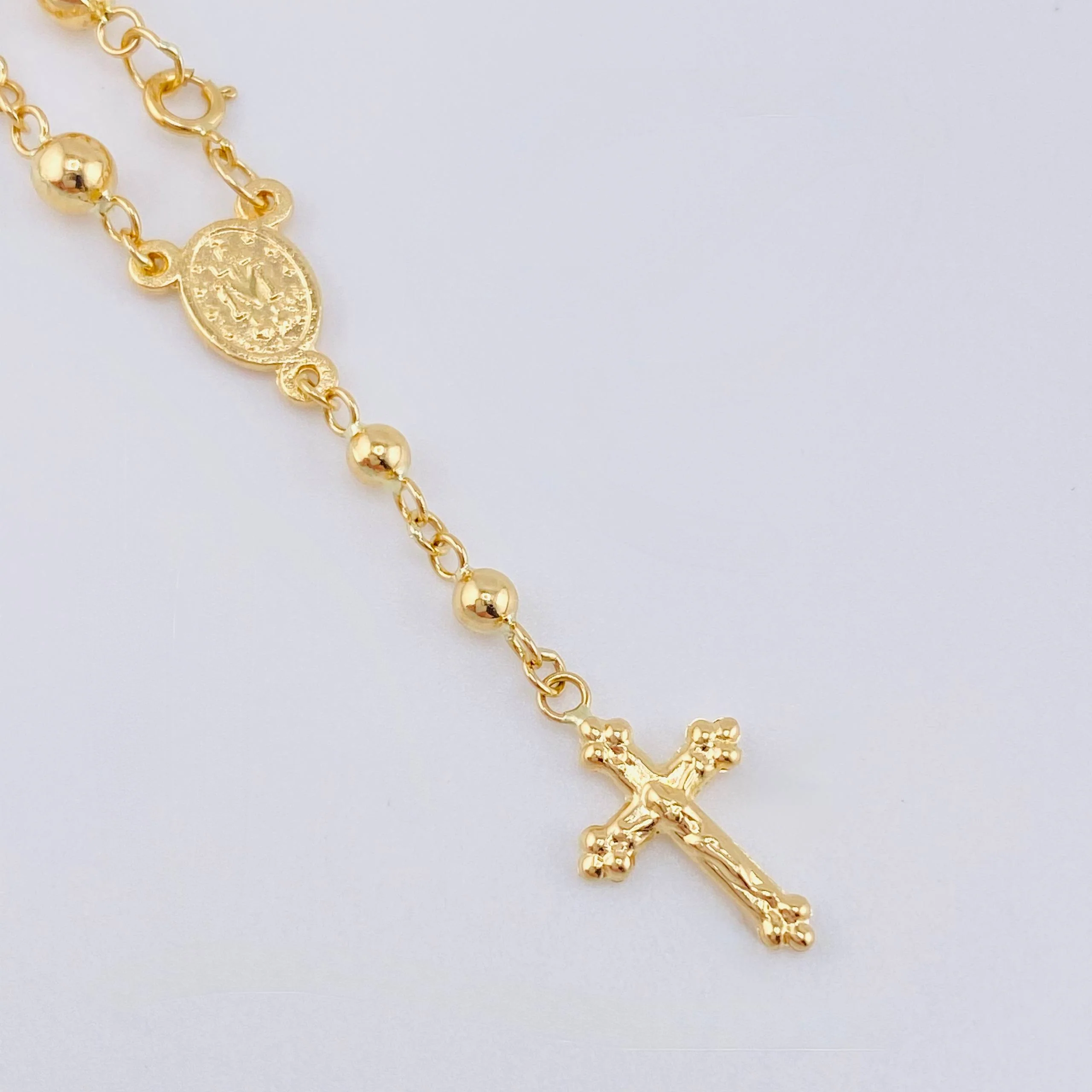 Tobillera Denario Virgen Milagrosa Cruz Cristo 3.85gr / 9 1/2 in / 3mm - 4mm Oro Amarillo 18K ©