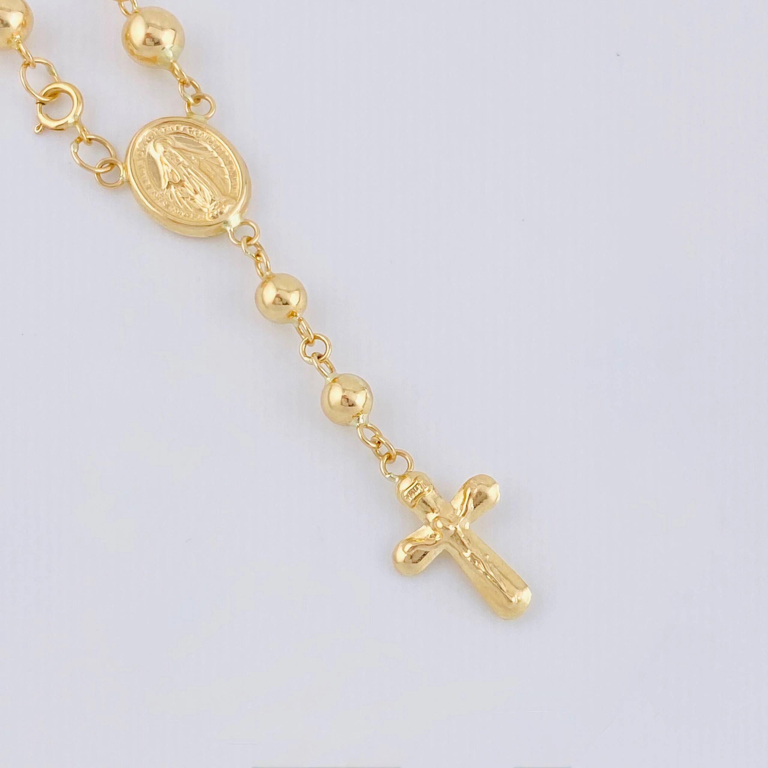 Tobillera Denario Virgen Milagrosa Cruz Cristo 4.5gr / 11 1/2 in / 4mm - 5mm Oro Amarillo 18K ©